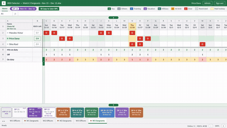 A sergeant places RDOs on the sergeant board, then switches tabs to view the officer boards