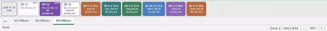 DP buttons grouped and colored by bid period, each counting down to its deadline, with groups opening and closing